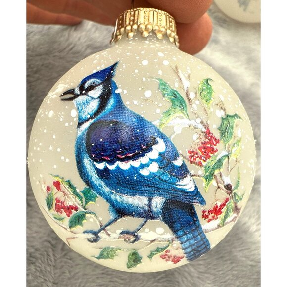Vintage Krebs 4 Frosted Glass Christmas Ornaments With Cardinals & Blue Jays - Picture 2 of 8